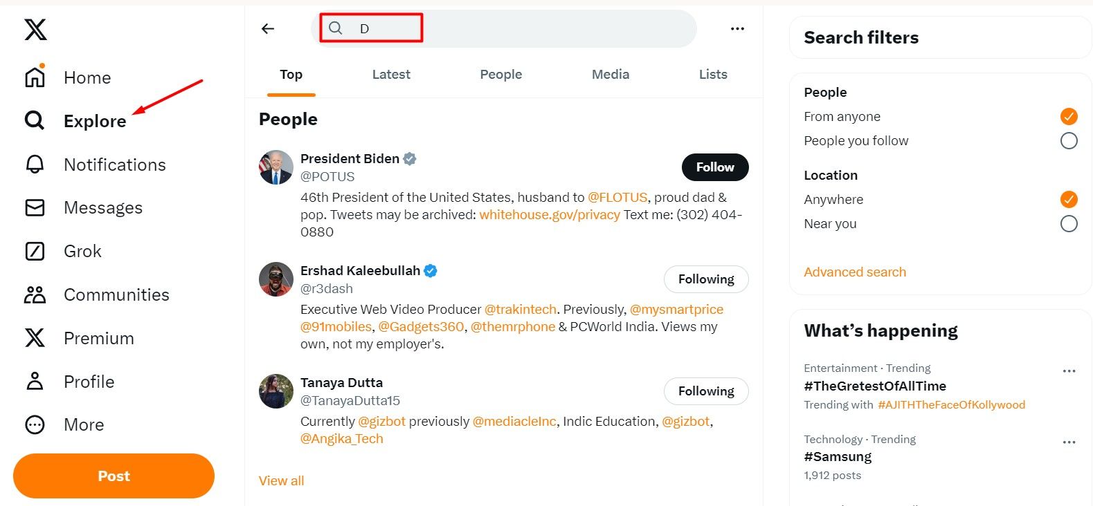 Опция «Explore» в левой боковой панели веб‑версии X.