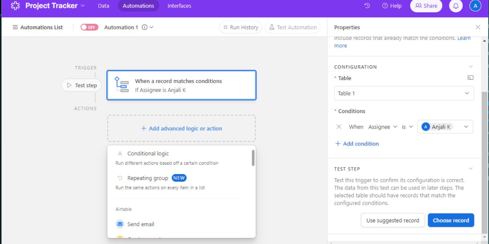Скриншот выбора действия в Airtable