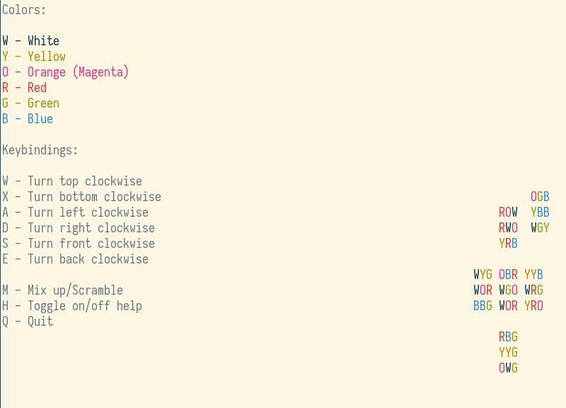 Стартовый экран nrubik в теме Solarized; текстовая цветовая схема терминала влияет на цвет граней