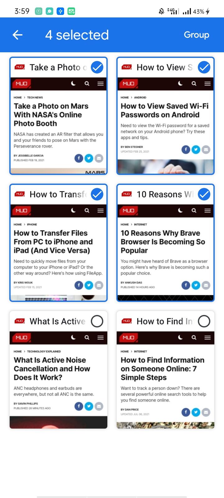 Выбор вкладок для объединения в одну группу в переключателе вкладок Chrome