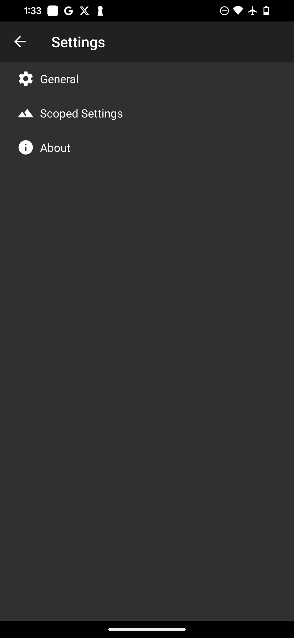 Меню настроек Island