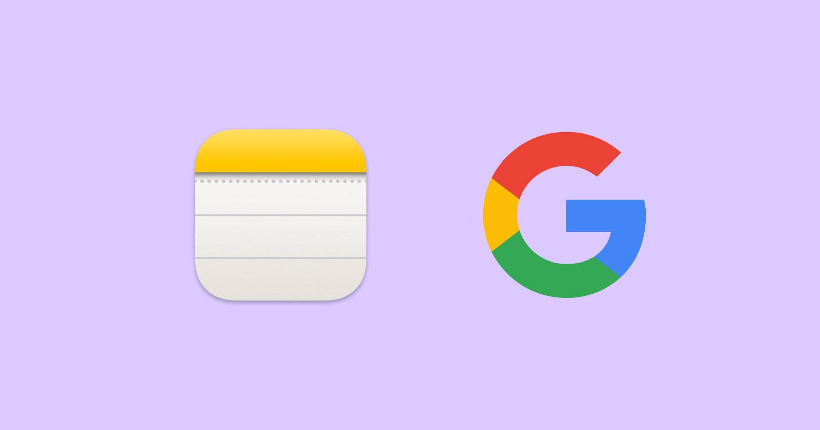 Логотип приложения Apple Notes и логотип Google на светлом фоне