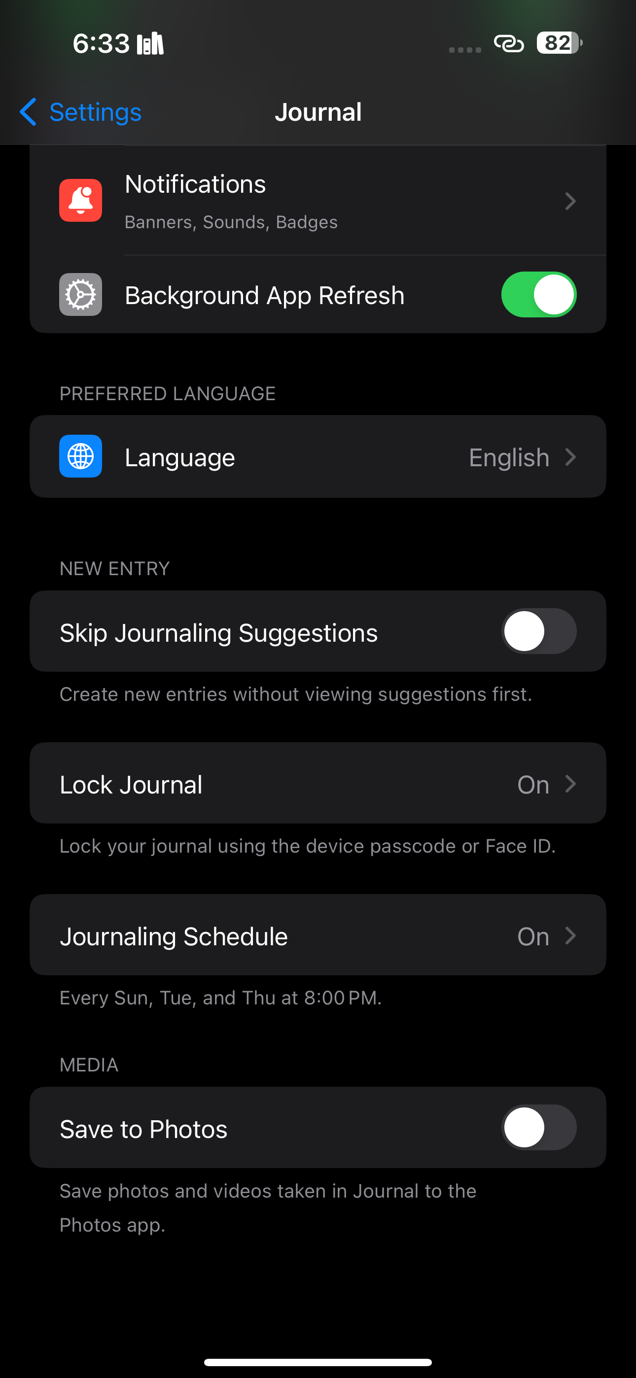 Настройки Journal на iPhone