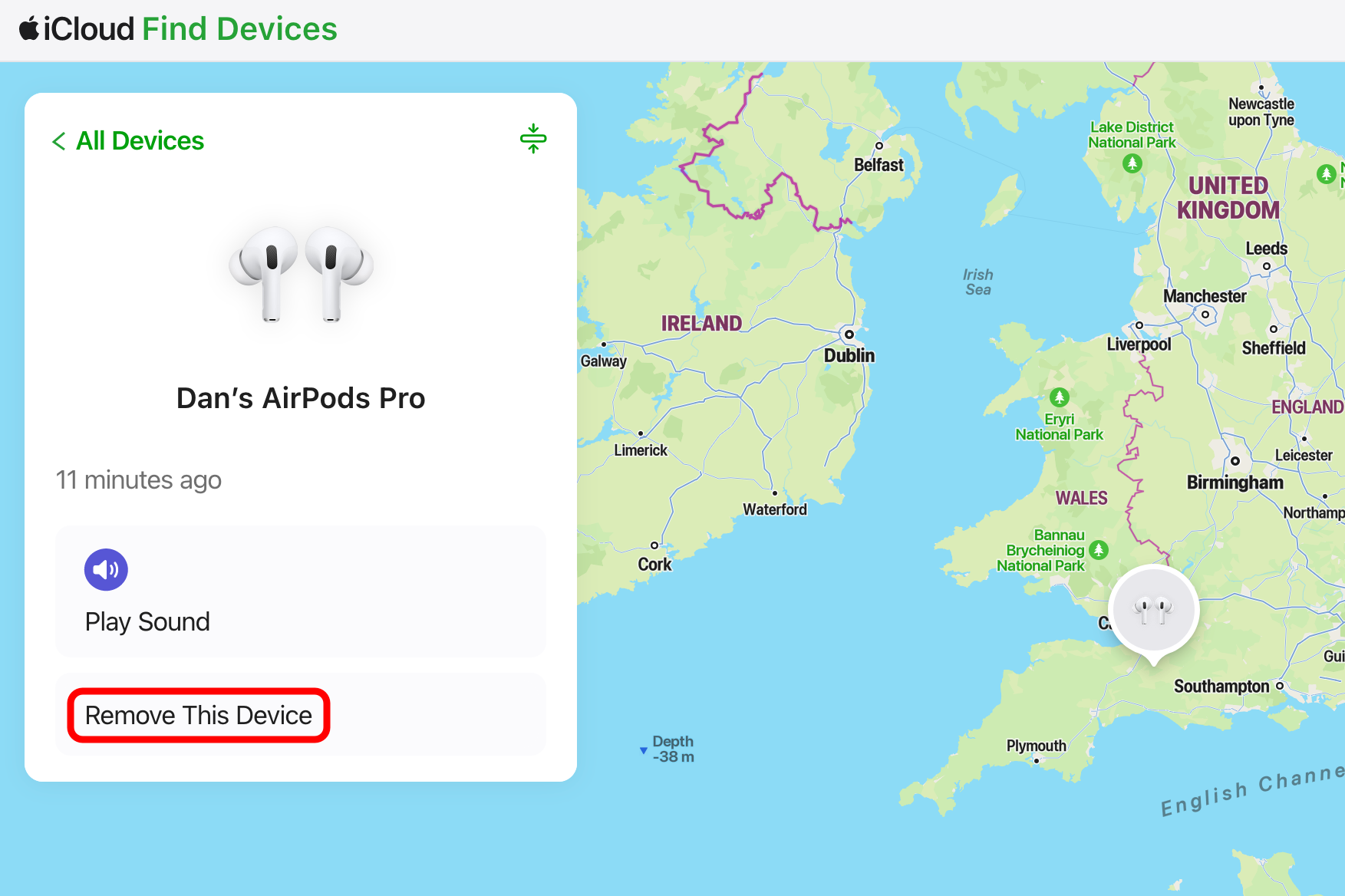 Option to remove AirPods from iCloud Find My page.