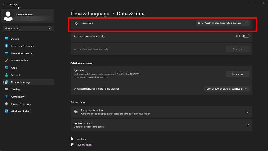 Выбор часового пояса — пример Тихоокеанского времени