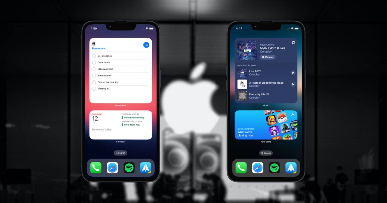 iPhones with Reminders and Apple Music Interactive Widgets on the Home Screen
