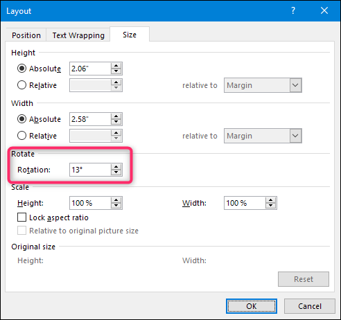 Окно размера и поворота для точной регулировки угла