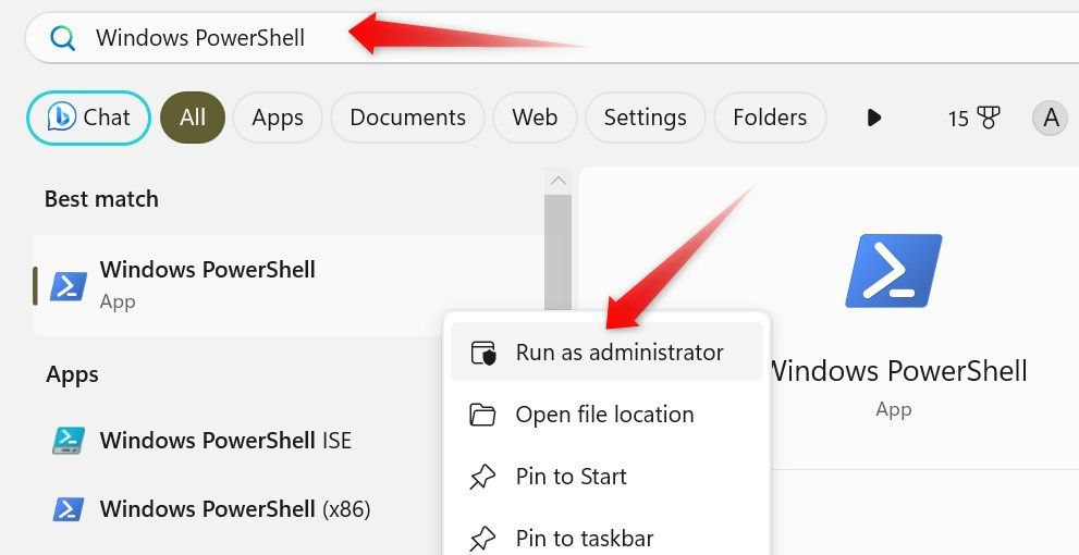 Запуск Windows PowerShell от имени администратора из поиска Windows.