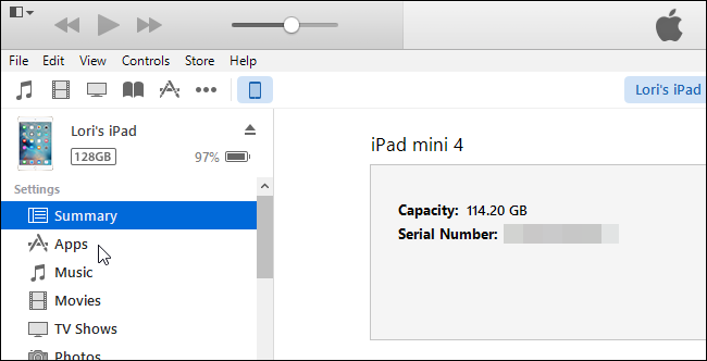 Раздел Apps в настройках устройства в iTunes
