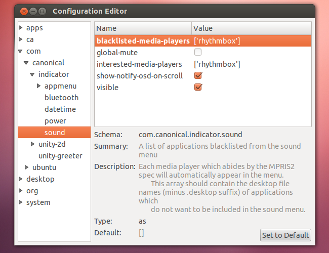 Настройка blacklisted-media-players в dconf-editor (пример: rhythmbox)