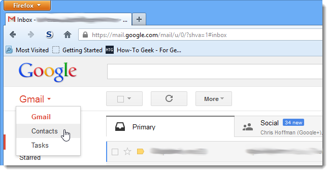 Переход в Контакты Google из Gmail
