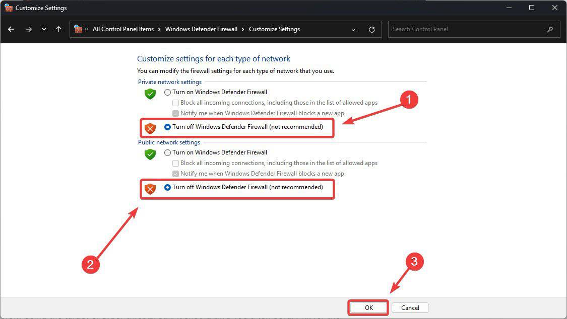 Кнопка 'OK' в настройках брандмауэра Windows
