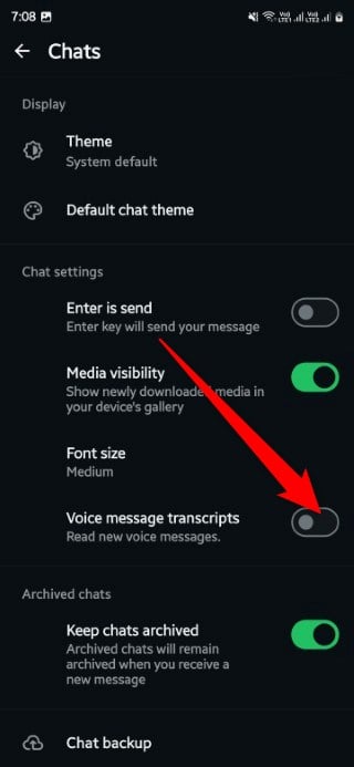 Включение транскриптов в настройках