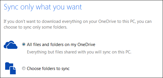 Снимок экрана: выбор папок для синхронизации в OneDrive