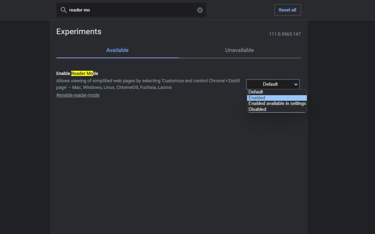 Включение режима чтения в настройках Chrome Flags