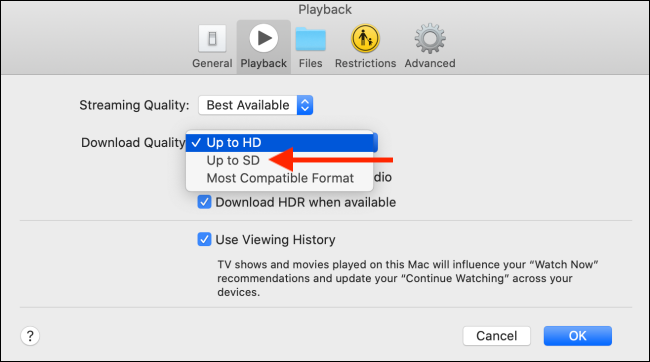 Смена качества загрузки в настройках приложения TV на Mac