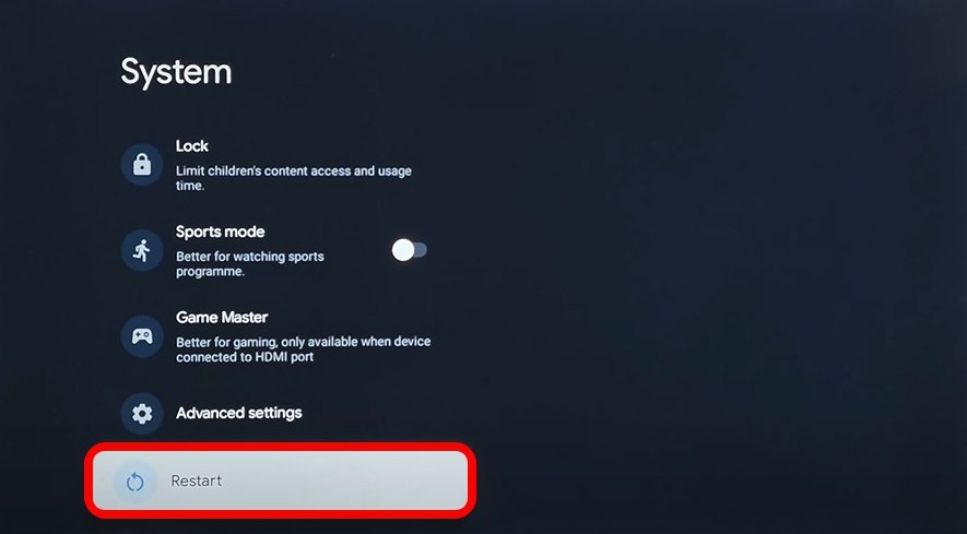 Опция перезагрузки Android TV