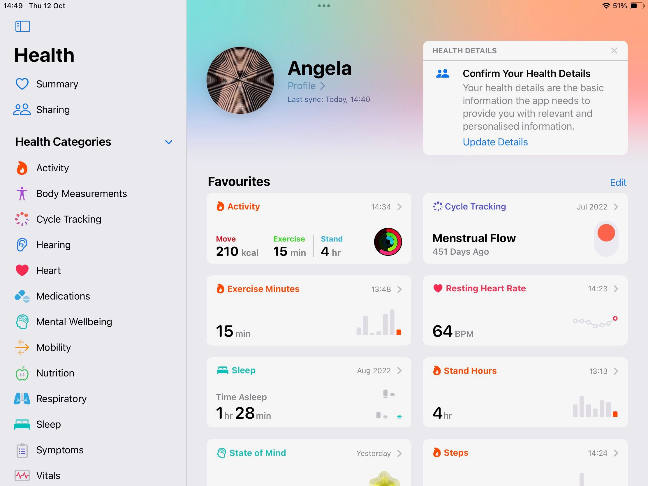 Основной экран приложения Health на iPad с обзором данных