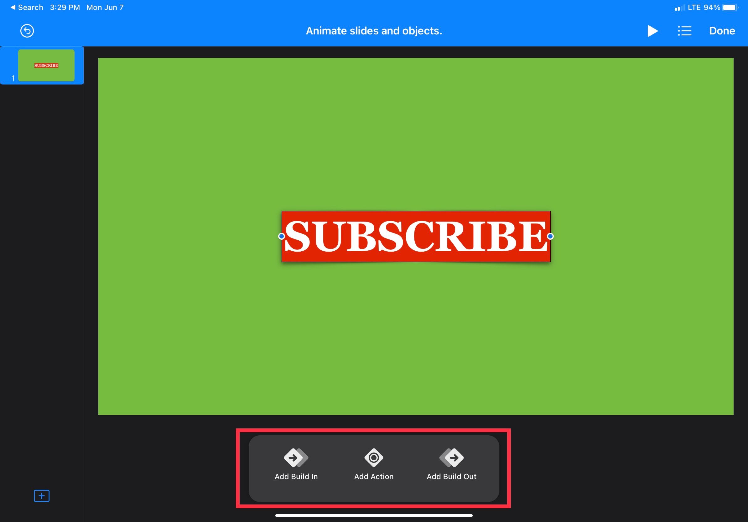 Инструмент анимации в Keynote с опциями Build In/Action/Build Out
