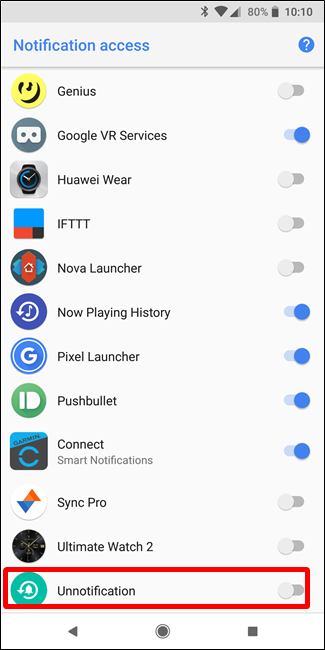 Включение сервиса Unnotification в списке доступа к уведомлениям