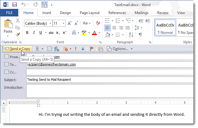 Кнопка Отправить копию для отправки письма