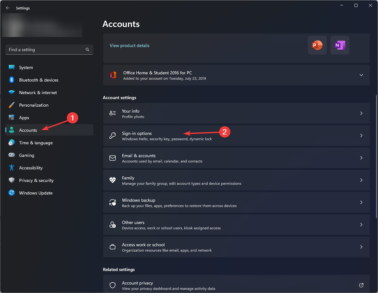 Параметры учётной записи — параметры входа