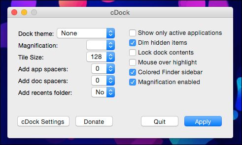 Интерфейс cDock с опциями темы и настроек Dock
