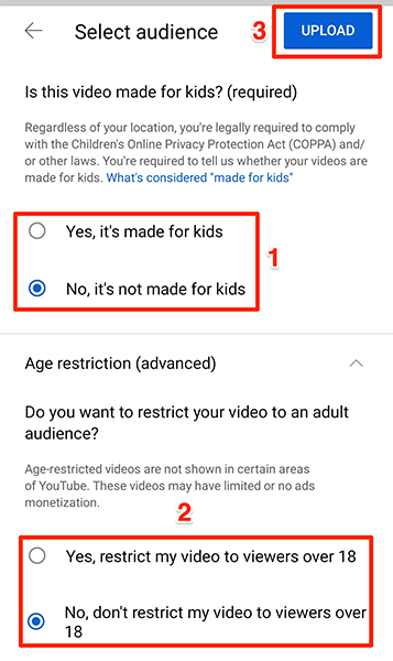 Выберите аудиторию видео на странице «Выбор аудитории» в приложении YouTube.