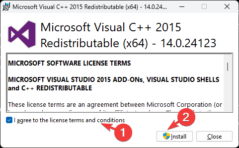 Окно установки Visual C++ Redistributable с кнопкой Установить