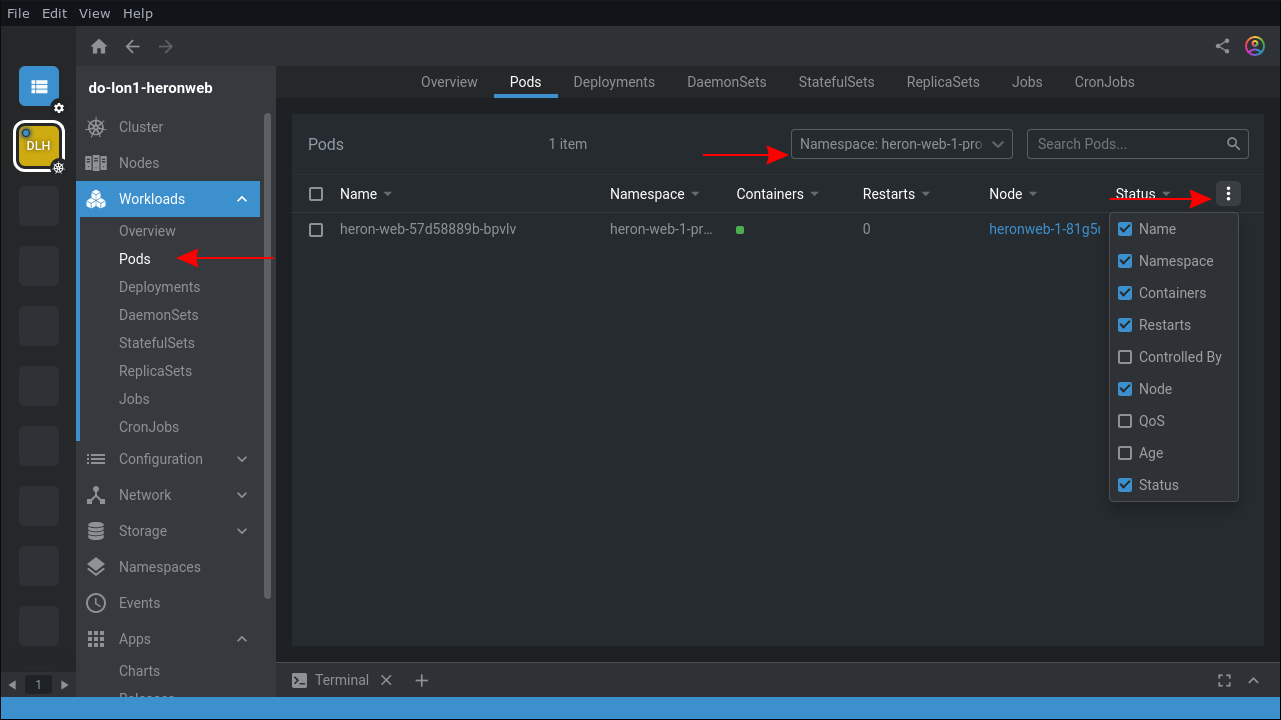 Скриншот управления ресурсами Kubernetes в Lens