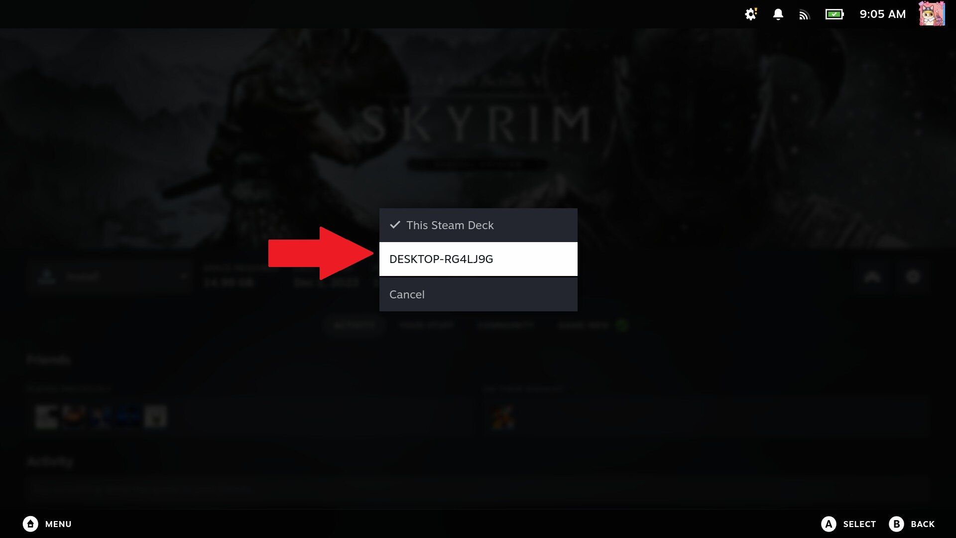Меню выбора устройства в Steam Remote Play.