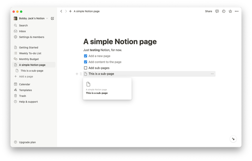 Страница Notion с ссылкой на подстраницу
