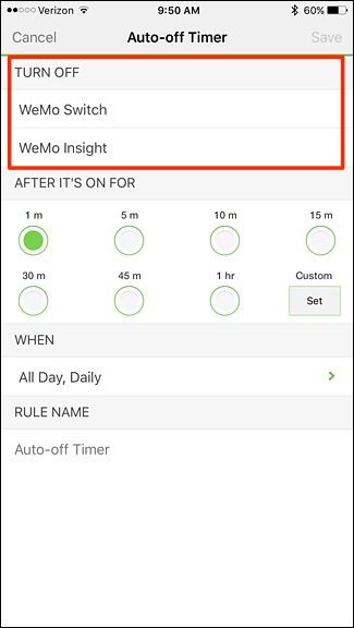 Выбор переключателя WeMo для настройки таймера