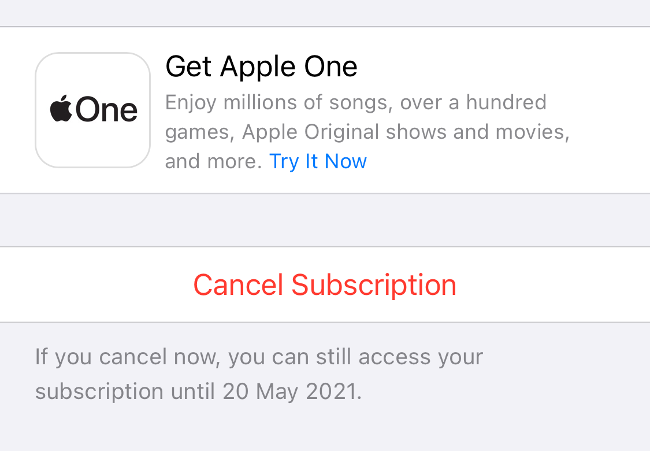 Экран отмены подписки Apple Arcade на iPhone