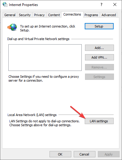 Настройки локальной сети в параметрах интернета