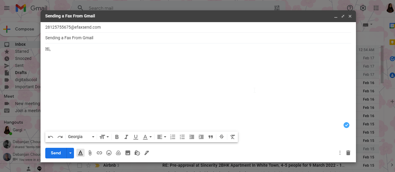 Предпросмотр отправки факса через Gmail