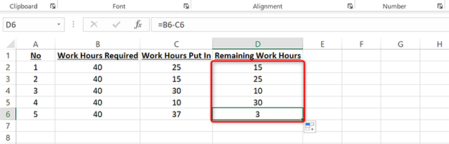 Subtraction answer for all values in Excel.