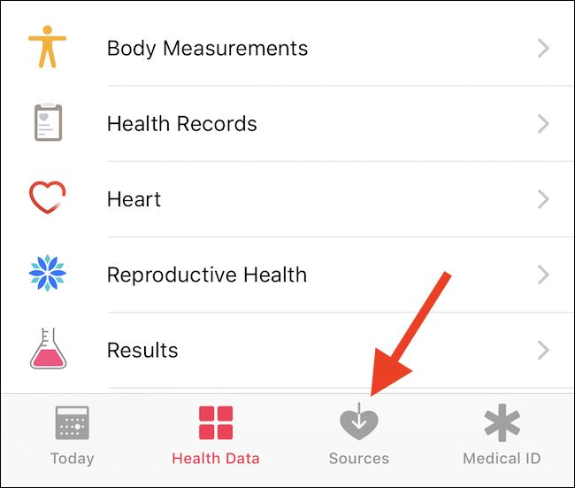 Откройте Здоровье и нажмите Источники