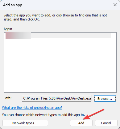 Кнопка «Добавить» в окне разрешённых приложений