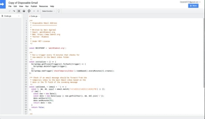 Редактирование переменной RECIPIENT в редакторе Google Apps Script