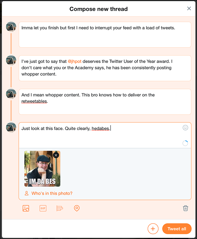 Несколько добавленных твитов в редакторе треда с миниатюрами изображений