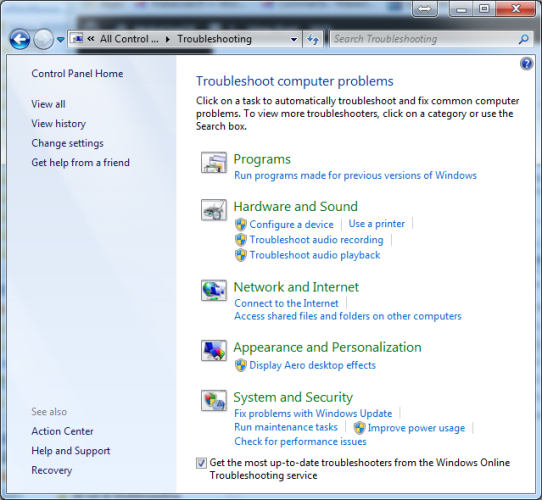 Центр устранения неполадок: звуковое воспроизведение в Панели управления