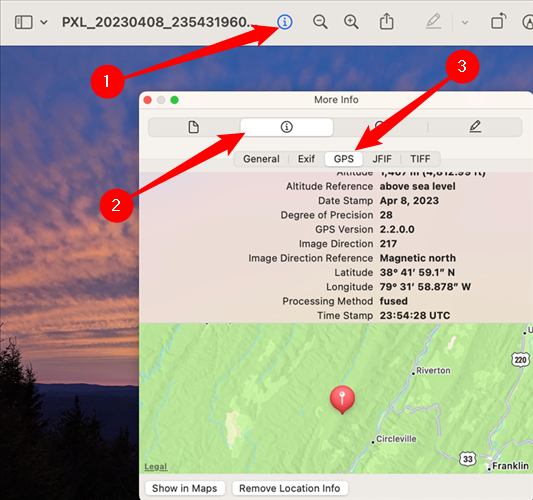 Данные GPS в macOS отображаются в карточке информации о файле