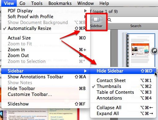 Меню View — отображение боковой панели в Preview