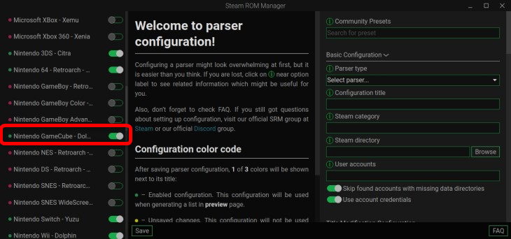 В Steam ROM Manager включите переключатель парсера GameCube, чтобы игры появились в Steam