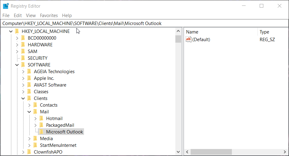 Subclave Microsoft Outlook en el Registro