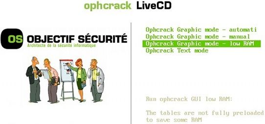 Процесс взлома пароля с Ophcrack на Live CD