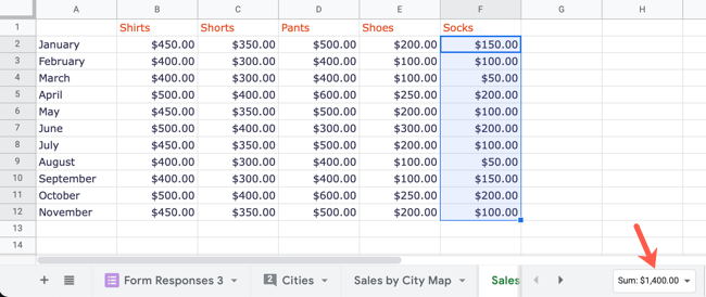 Просмотр суммы внизу справа