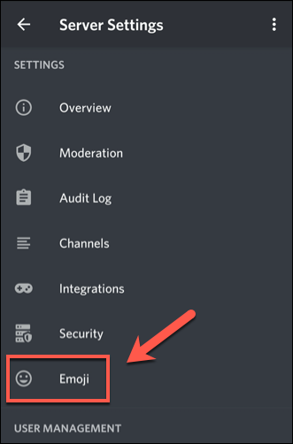 В настройках сервера нажмите пункт Emoji.