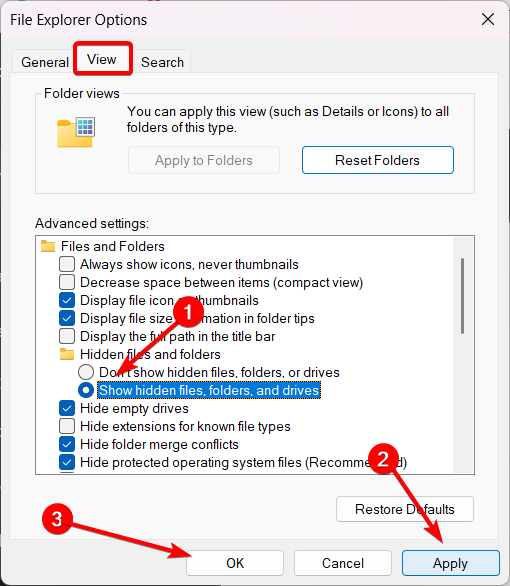 Show hidden files and folders